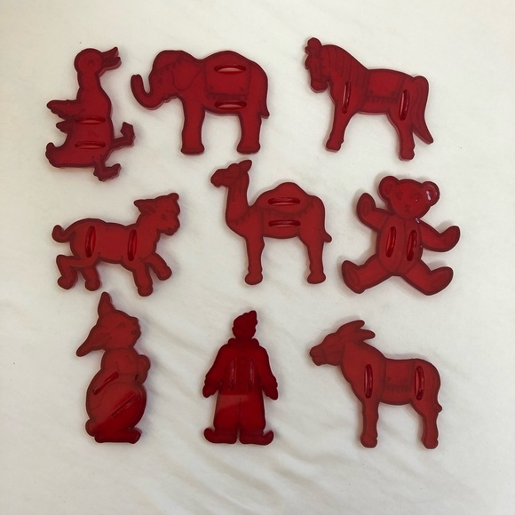 Other - 9 Cookie Cutters Red Plastic Translucent Vintage Animals Circus Pony Lamb Bear